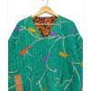 Emerald Green Bird Print Reversible Kantha Top – Handmade Vintage Cotton Sari Boho Top, Free Size - Image 3