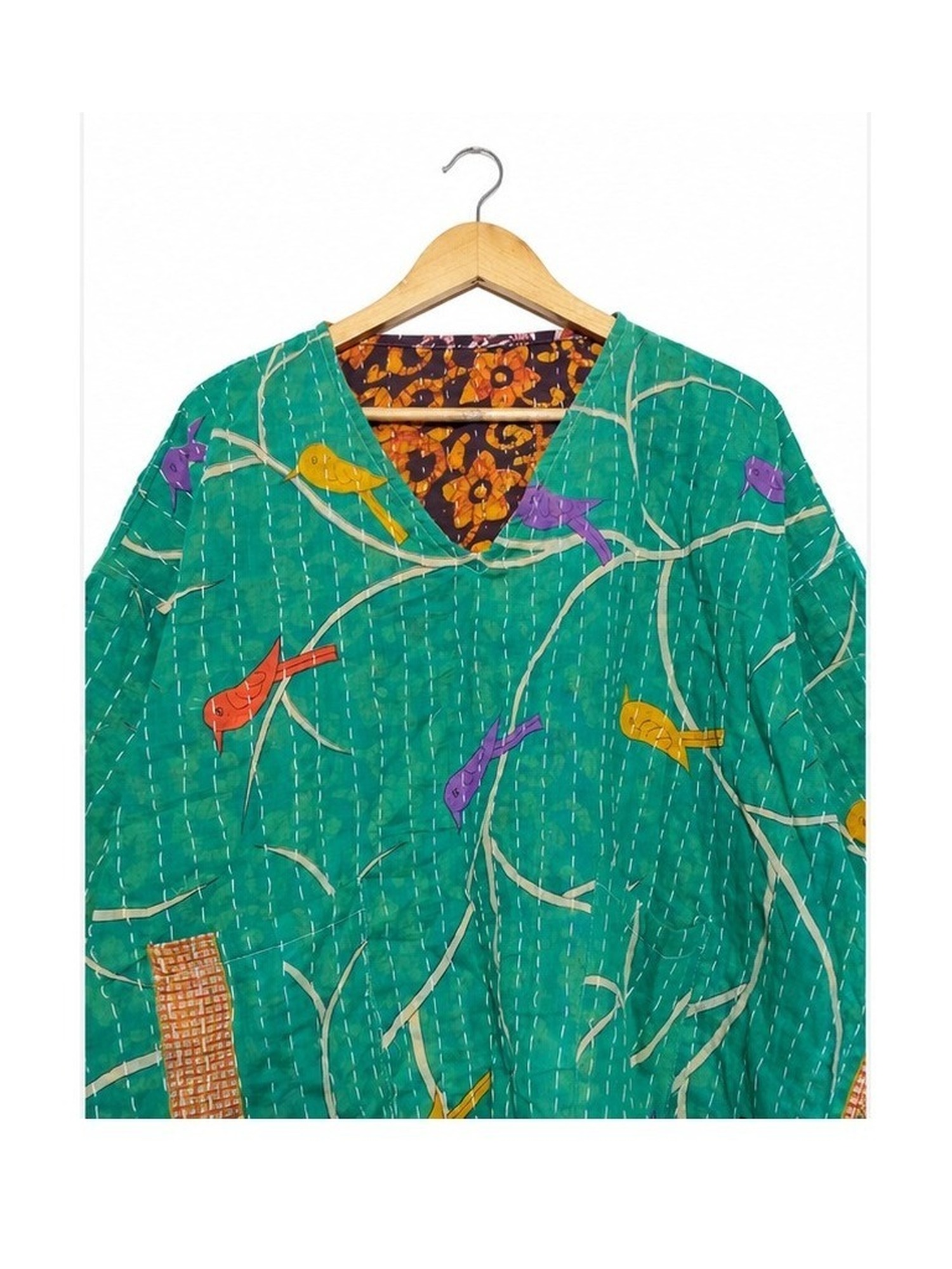 Emerald Green Bird Print Reversible Kantha Top – Handmade Vintage Cotton Sari Boho Top, Free Size - Image 3