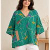 Emerald Green Bird Print Reversible Kantha Top – Handmade Vintage Cotton Sari Boho Top, Free Size