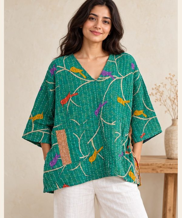 Emerald Green Bird Print Reversible Kantha Top – Handmade Vintage Cotton Sari Boho Top, Free Size