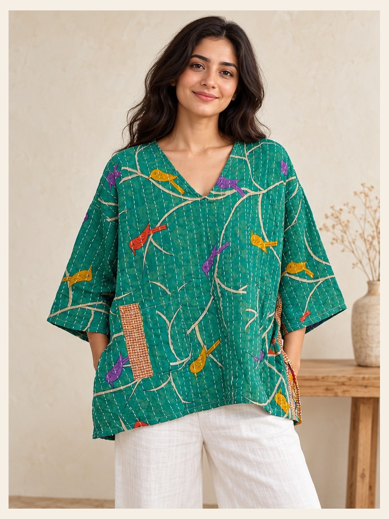 Emerald Green Bird Print Reversible Kantha Top – Handmade Vintage Cotton Sari Boho Top, Free Size