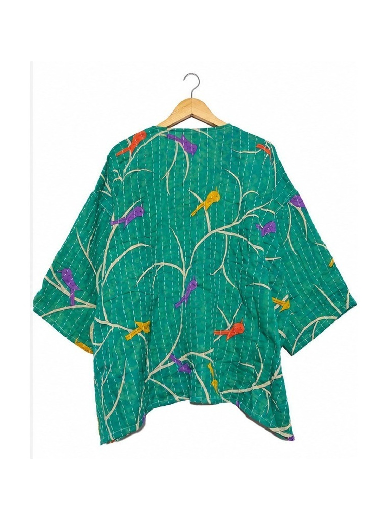 Emerald Green Bird Print Reversible Kantha Top – Handmade Vintage Cotton Sari Boho Top, Free Size - Image 4