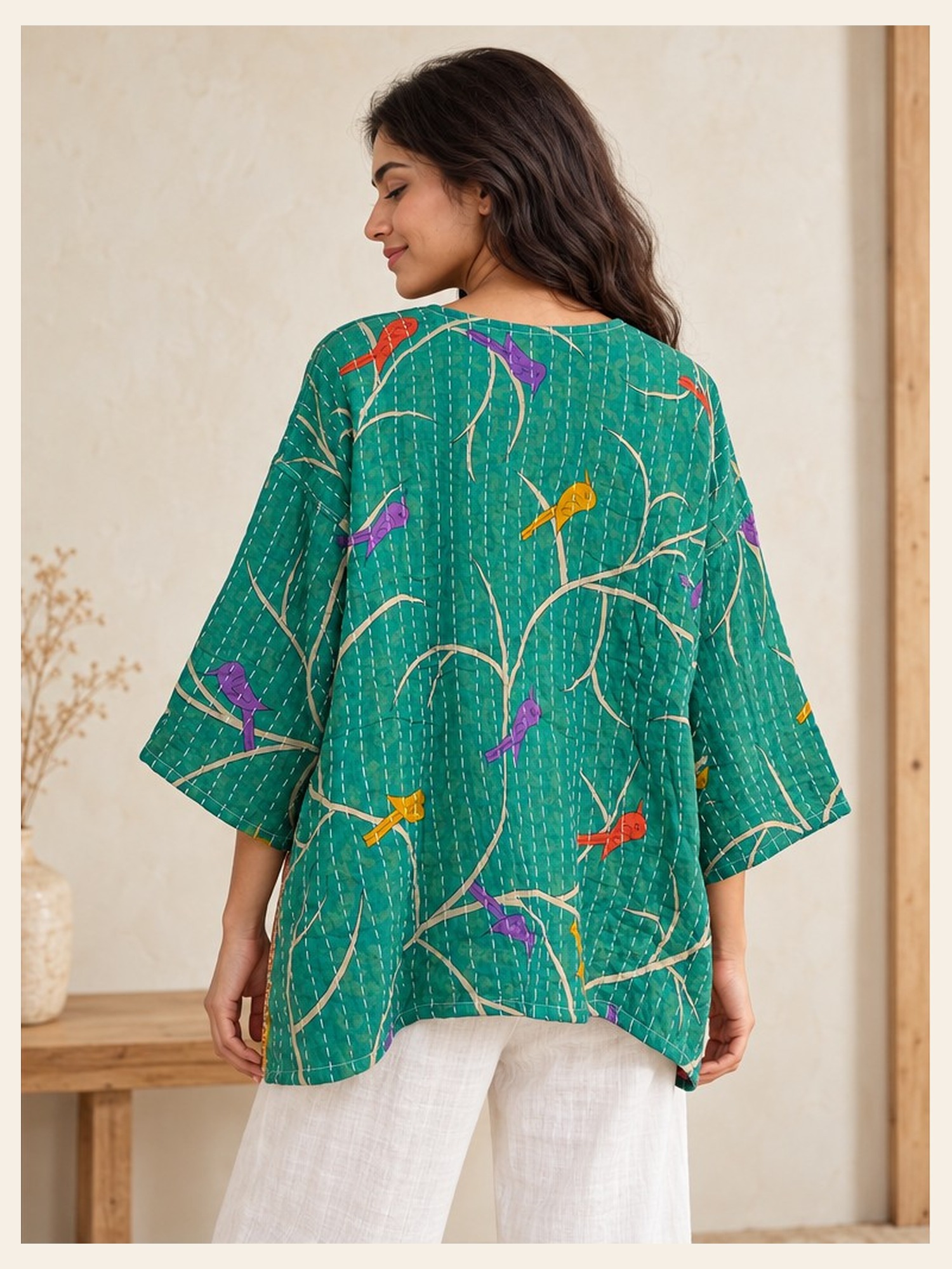 Emerald Green Bird Print Reversible Kantha Top – Handmade Vintage Cotton Sari Boho Top, Free Size - Image 5