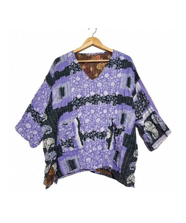 Alternative view of Lavender and Black Floral Striped Reversible Kantha Top – Handmade Vintage Cotton Sari Boho Top, Free Size