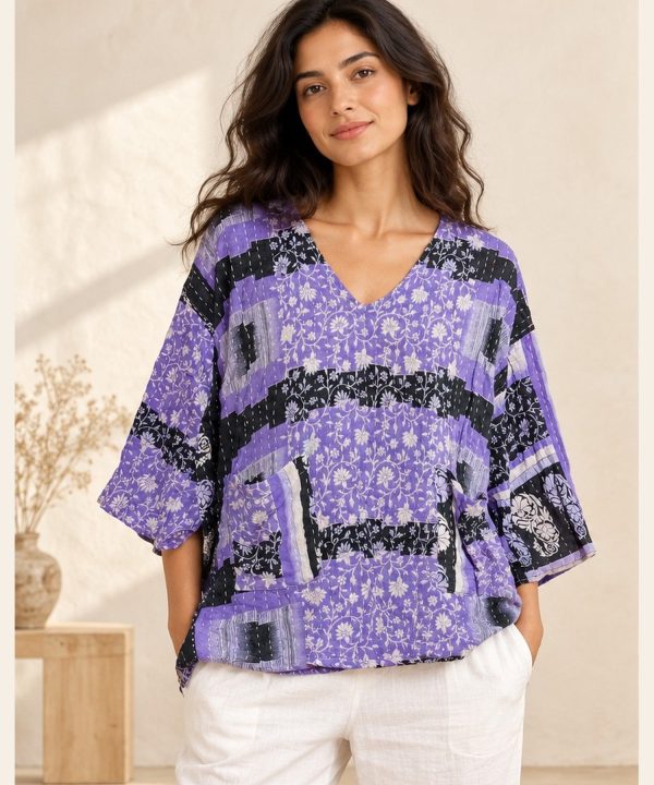 Lavender and Black Floral Striped Reversible Kantha Top – Handmade Vintage Cotton Sari Boho Top, Free Size