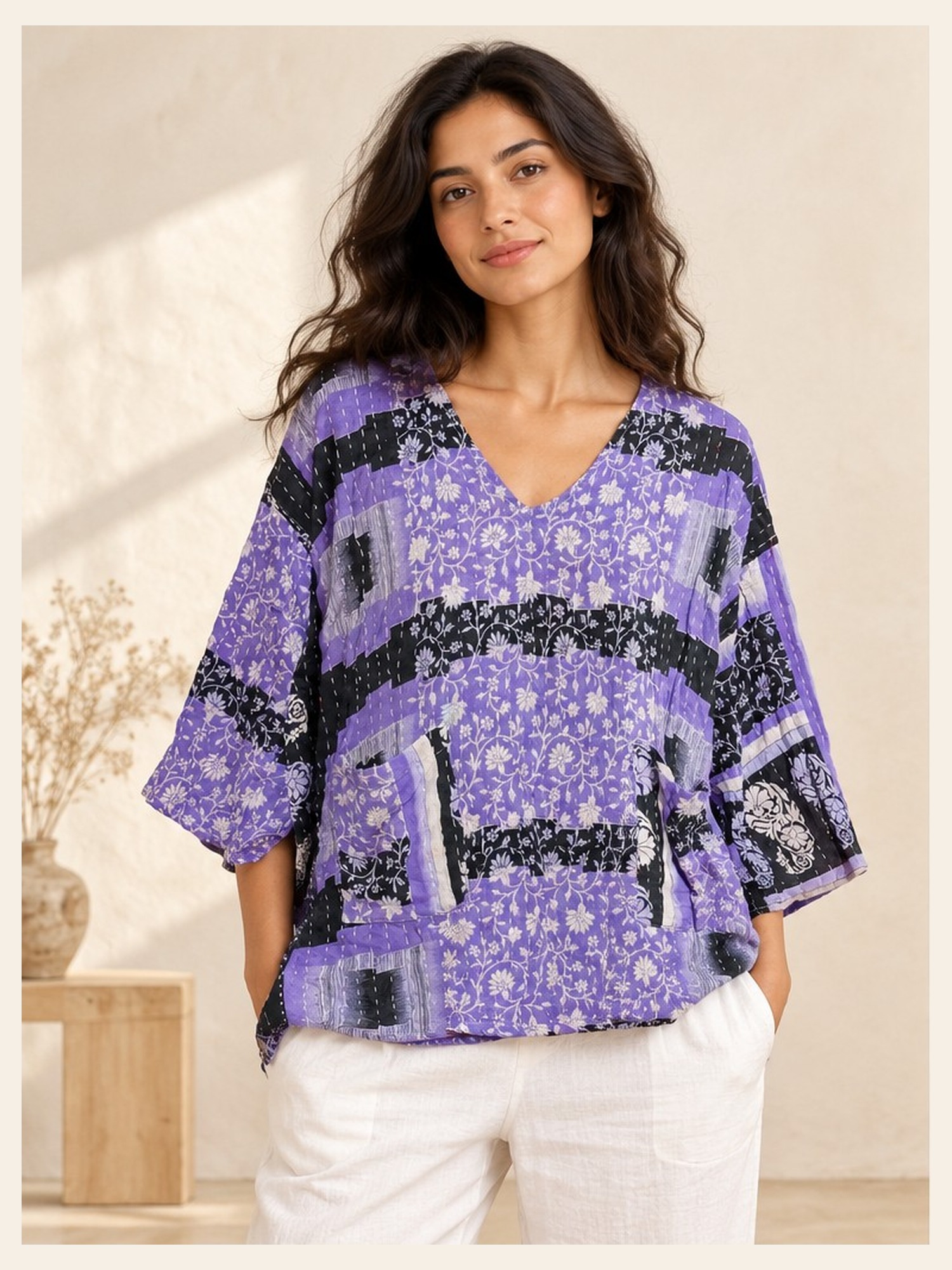 Lavender and Black Floral Striped Reversible Kantha Top – Handmade Vintage Cotton Sari Boho Top, Free Size