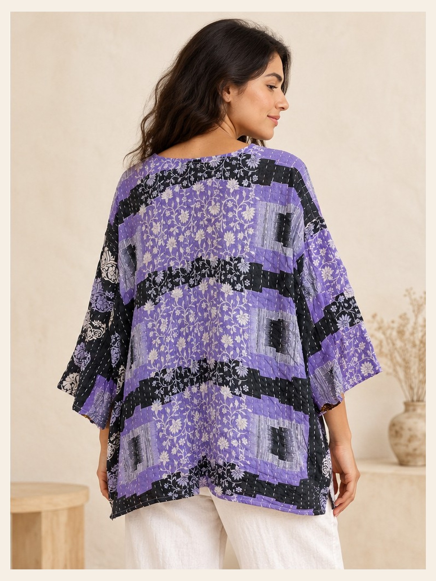 Lavender and Black Floral Striped Reversible Kantha Top – Handmade Vintage Cotton Sari Boho Top, Free Size - Image 5