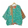 Turquoise Floral Patchwork Reversible Kantha Top – Handmade Vintage Cotton Sari Boho Top, Free Size - Image 2