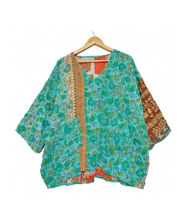 Alternative view of Turquoise Floral Patchwork Reversible Kantha Top – Handmade Vintage Cotton Sari Boho Top, Free Size