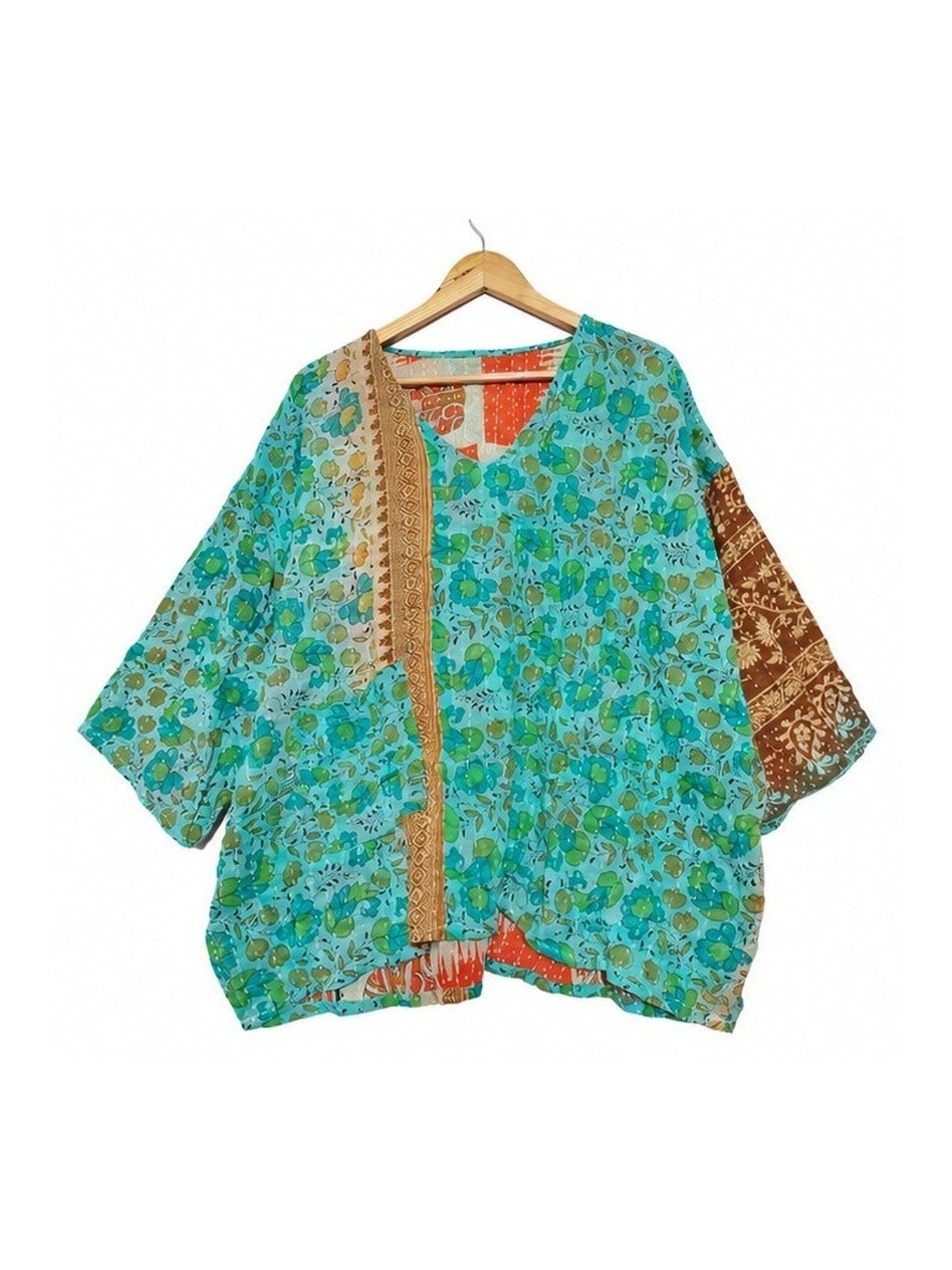Turquoise Floral Patchwork Reversible Kantha Top – Handmade Vintage Cotton Sari Boho Top, Free Size - Image 2