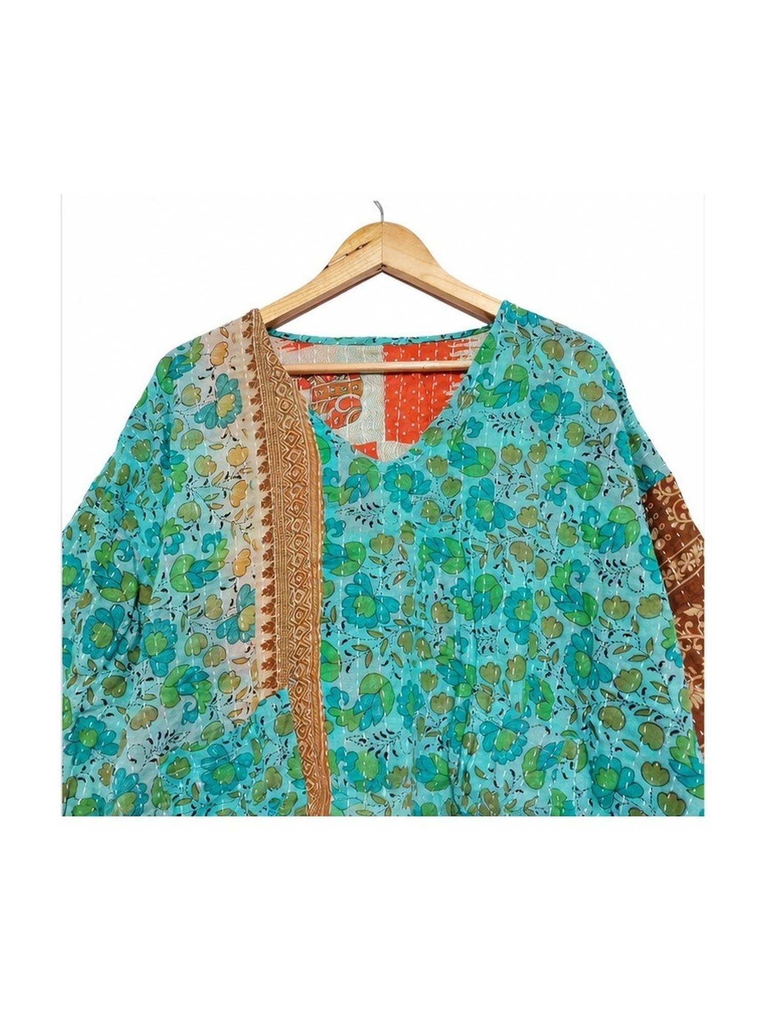 Turquoise Floral Patchwork Reversible Kantha Top – Handmade Vintage Cotton Sari Boho Top, Free Size - Image 3