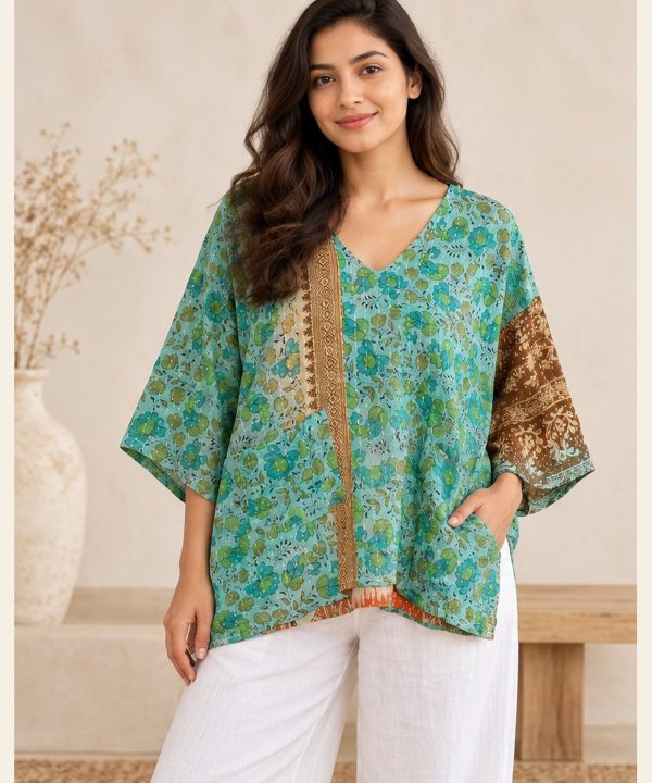 Turquoise Floral Patchwork Reversible Kantha Top – Handmade Vintage Cotton Sari Boho Top, Free Size