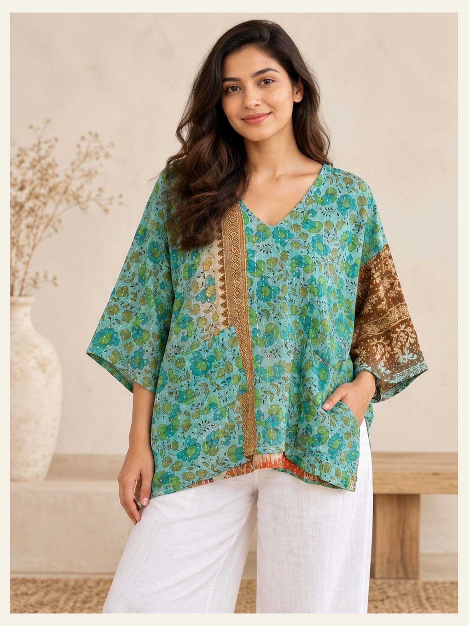 Turquoise Floral Patchwork Reversible Kantha Top – Handmade Vintage Cotton Sari Boho Top, Free Size