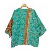 Turquoise Floral Patchwork Reversible Kantha Top – Handmade Vintage Cotton Sari Boho Top, Free Size - Image 4