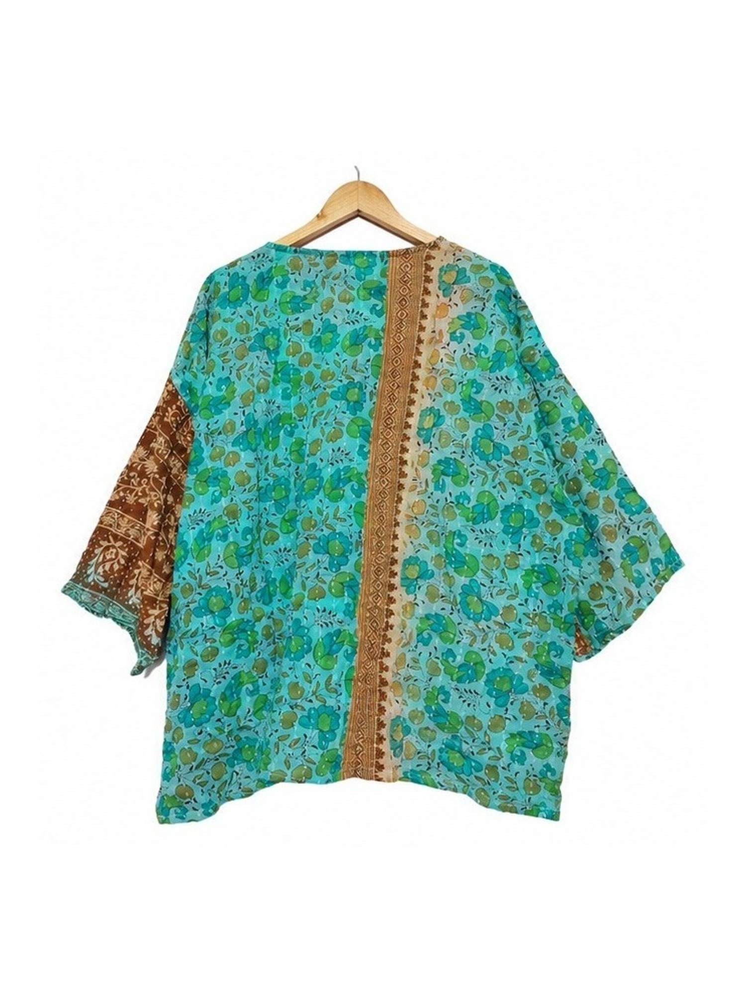 Turquoise Floral Patchwork Reversible Kantha Top – Handmade Vintage Cotton Sari Boho Top, Free Size - Image 4