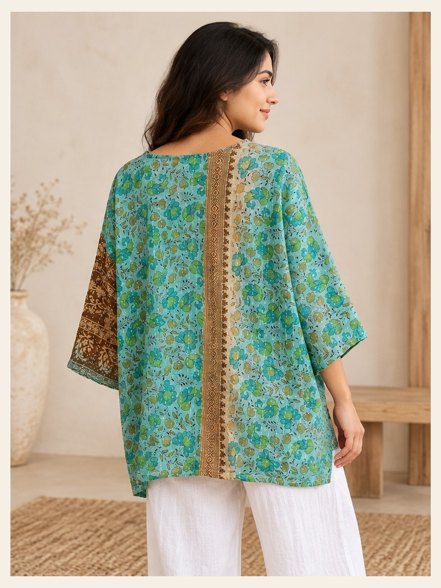 Turquoise Floral Patchwork Reversible Kantha Top – Handmade Vintage Cotton Sari Boho Top, Free Size - Image 5