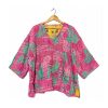 Hot Pink and Green Abstract Floral Reversible Kantha Top – Handmade Vintage Cotton Sari Boho Top, Free Size - Image 2