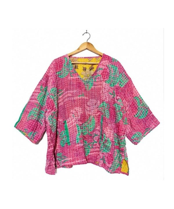 Alternative view of Hot Pink and Green Abstract Floral Reversible Kantha Top – Handmade Vintage Cotton Sari Boho Top, Free Size