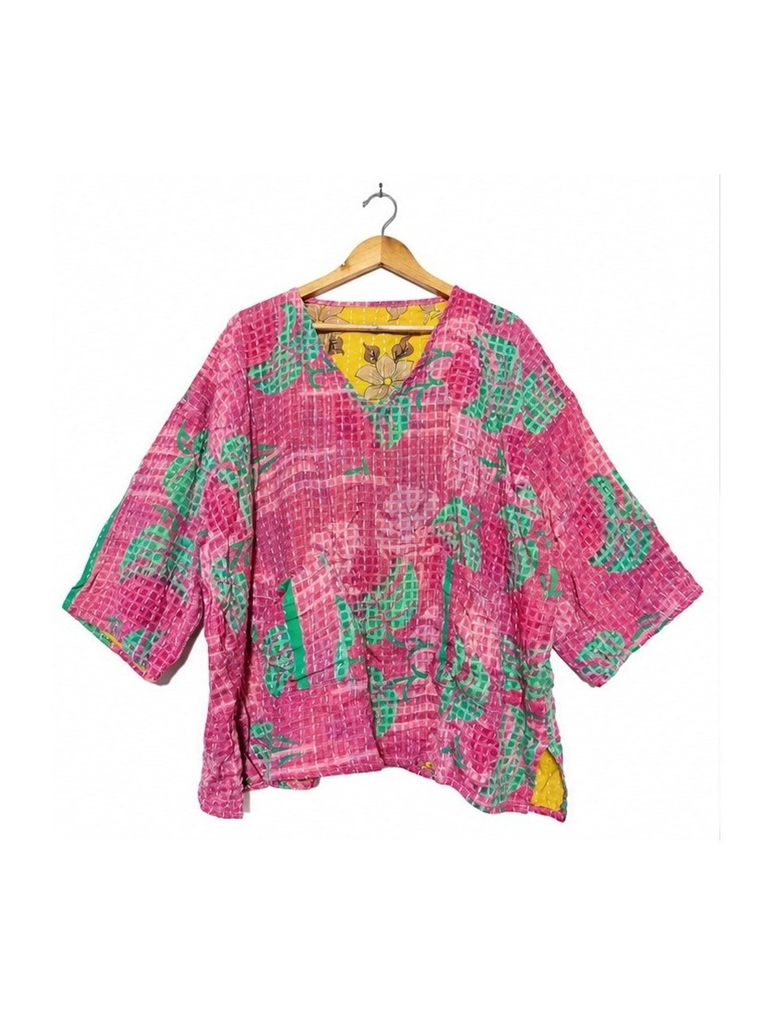 Hot Pink and Green Abstract Floral Reversible Kantha Top – Handmade Vintage Cotton Sari Boho Top, Free Size - Image 2
