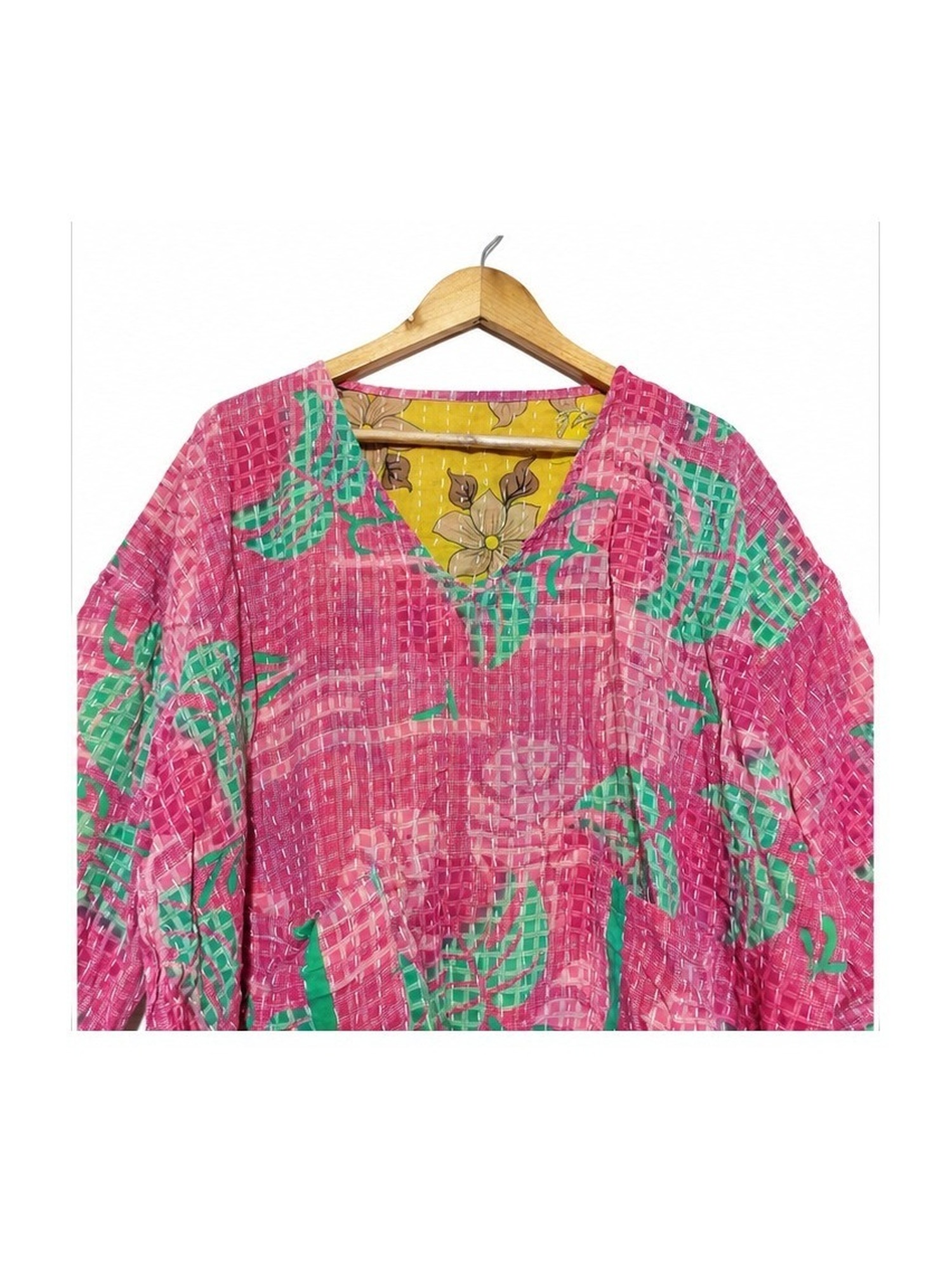 Hot Pink and Green Abstract Floral Reversible Kantha Top – Handmade Vintage Cotton Sari Boho Top, Free Size - Image 3
