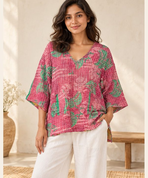 Hot Pink and Green Abstract Floral Reversible Kantha Top – Handmade Vintage Cotton Sari Boho Top, Free Size