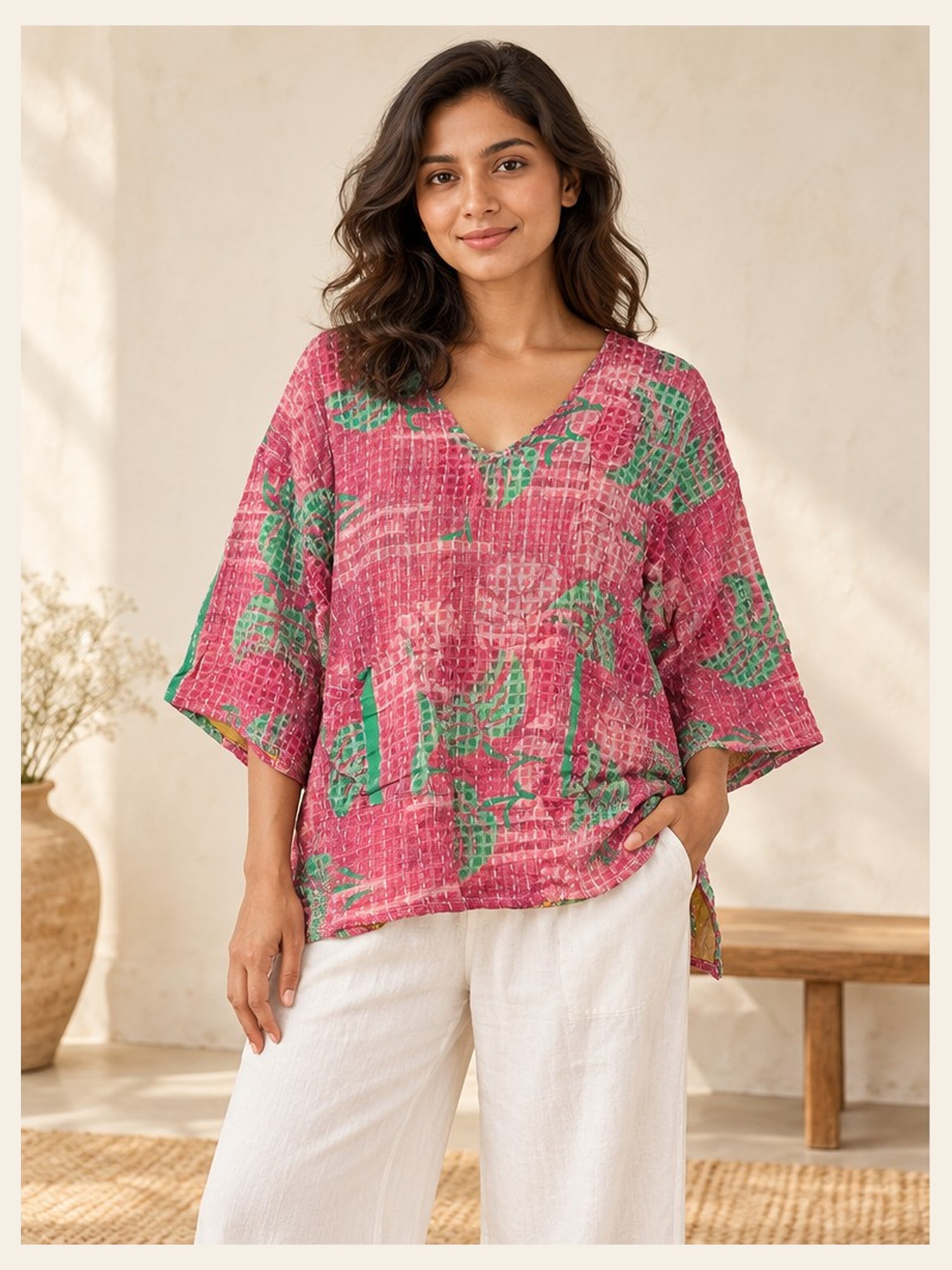 Hot Pink and Green Abstract Floral Reversible Kantha Top – Handmade Vintage Cotton Sari Boho Top, Free Size