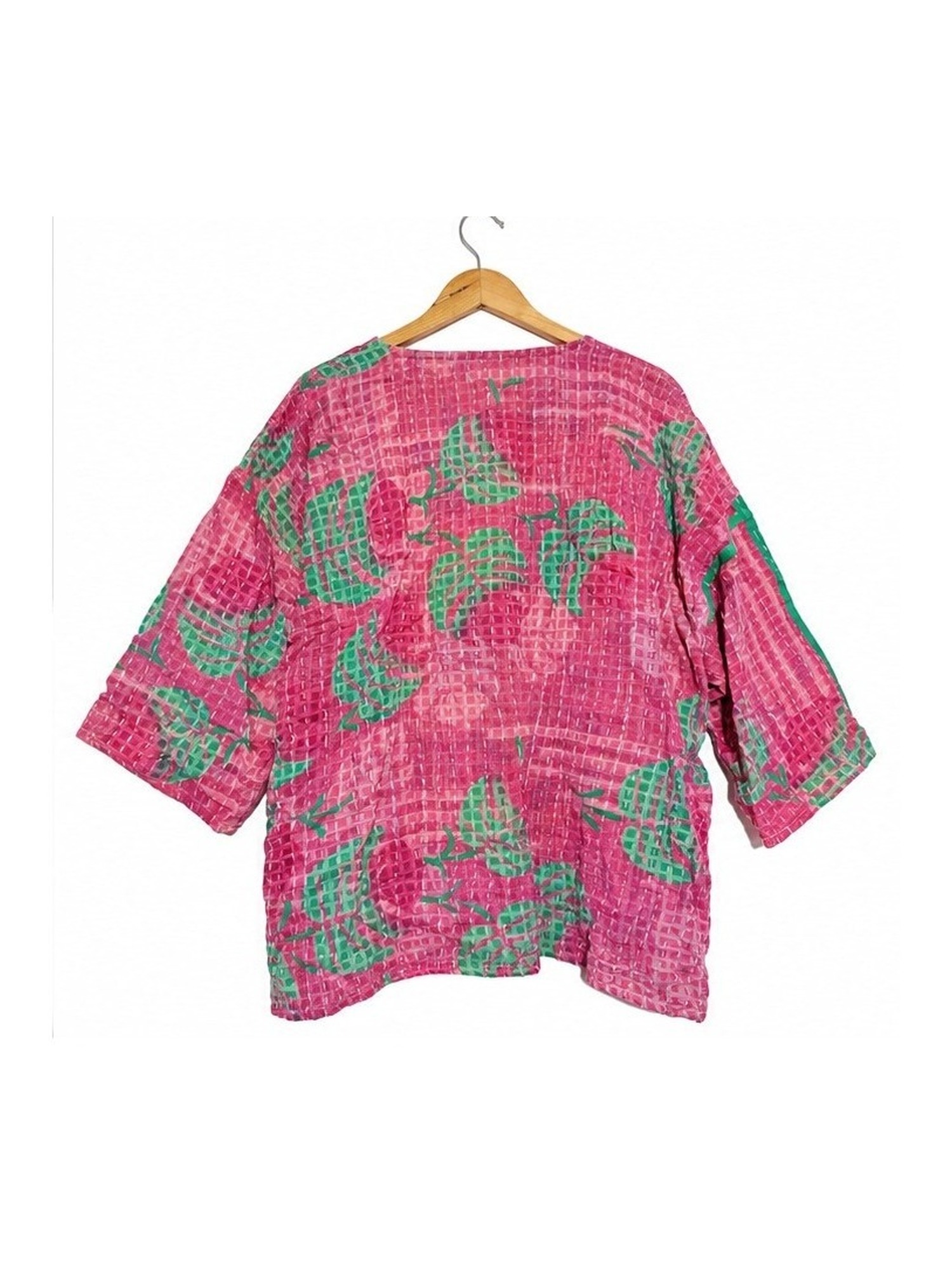 Hot Pink and Green Abstract Floral Reversible Kantha Top – Handmade Vintage Cotton Sari Boho Top, Free Size - Image 4
