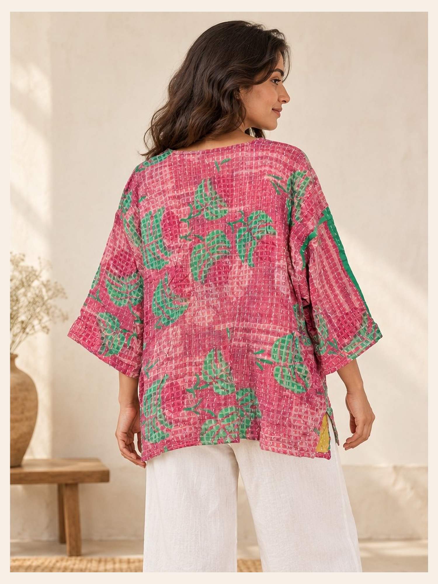 Hot Pink and Green Abstract Floral Reversible Kantha Top – Handmade Vintage Cotton Sari Boho Top, Free Size - Image 5