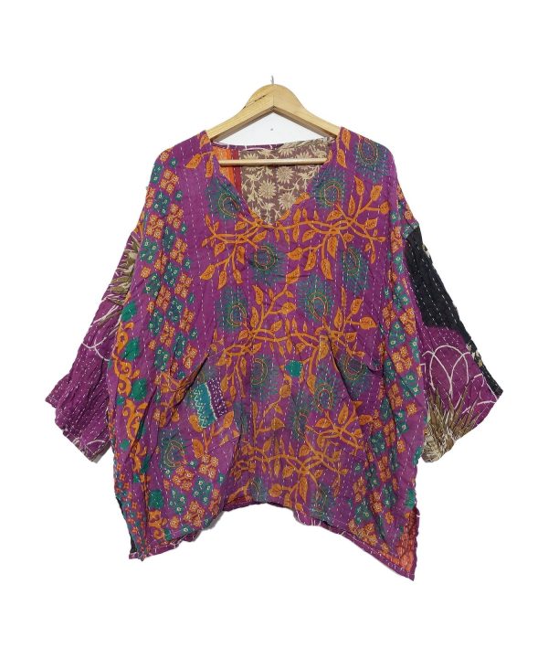 Alternative view of Purple and Orange Floral Reversible Kantha Top – Handmade Vintage Cotton Sari Boho Top, Free Size