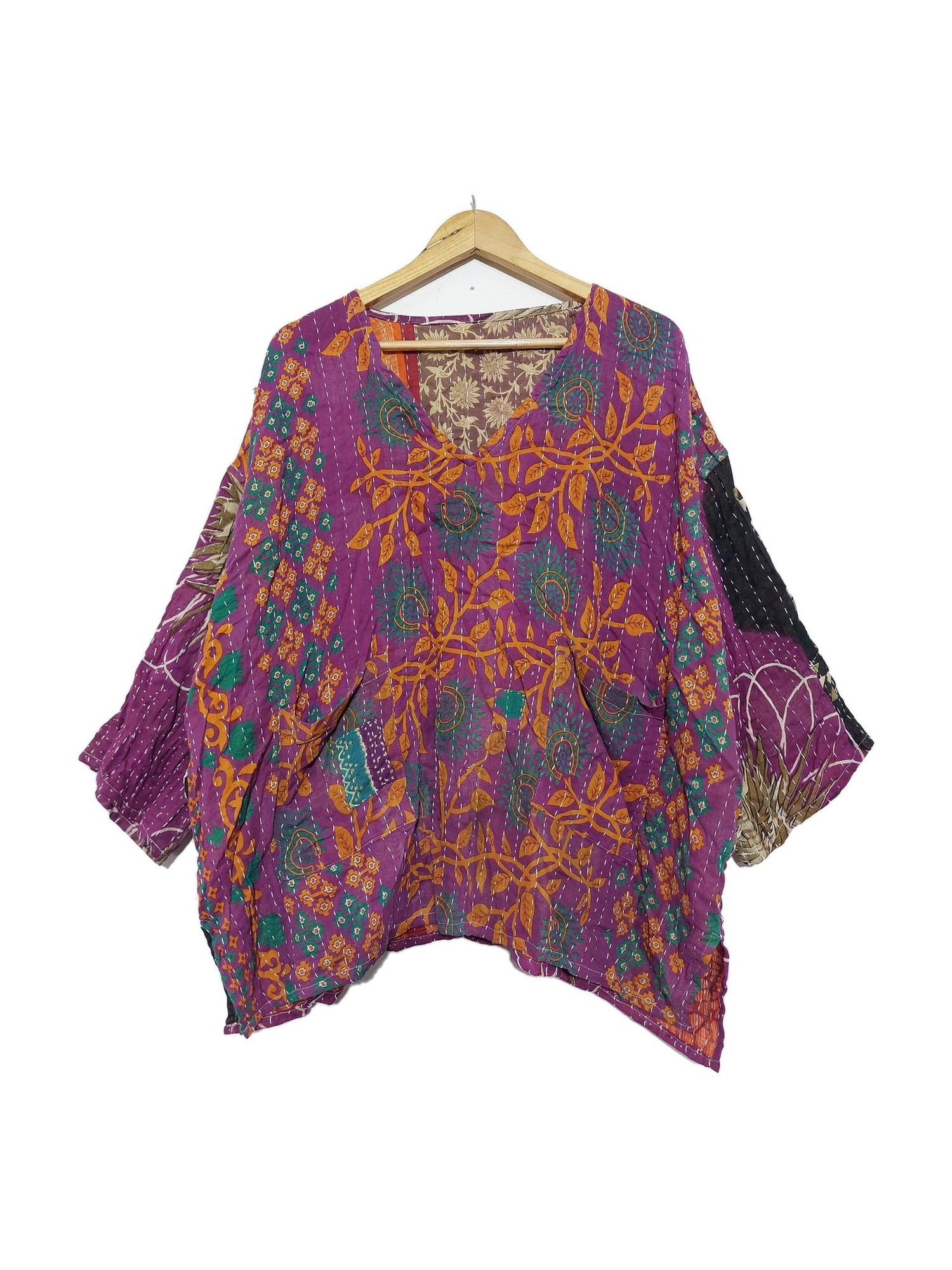 Purple and Orange Floral Reversible Kantha Top – Handmade Vintage Cotton Sari Boho Top, Free Size - Image 2