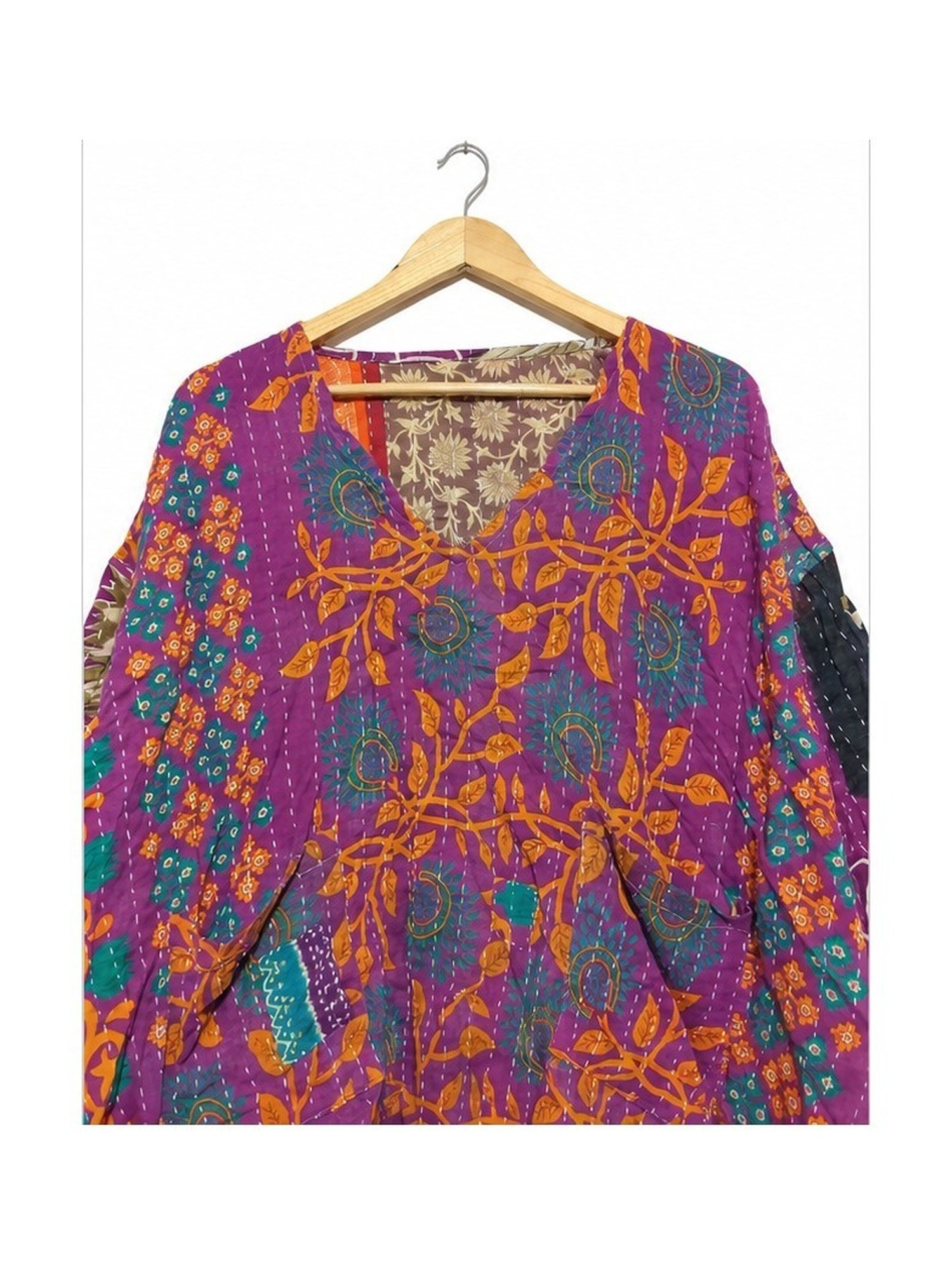Purple and Orange Floral Reversible Kantha Top – Handmade Vintage Cotton Sari Boho Top, Free Size - Image 3