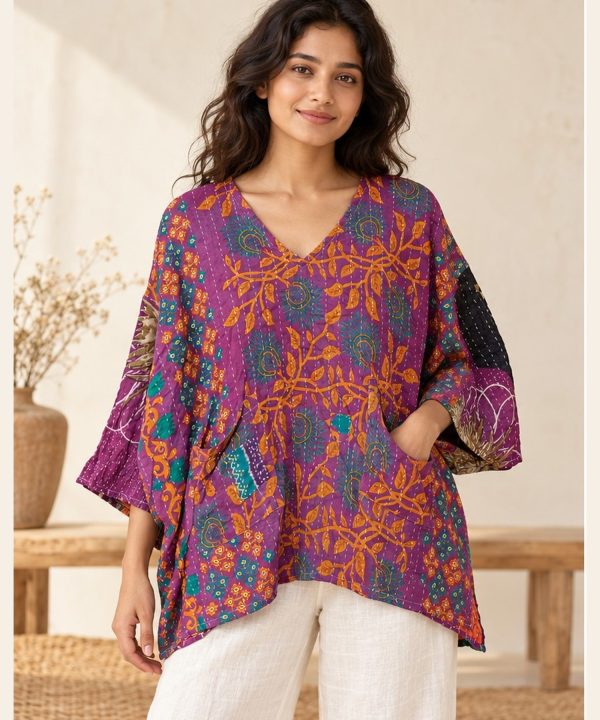 Purple and Orange Floral Reversible Kantha Top – Handmade Vintage Cotton Sari Boho Top, Free Size