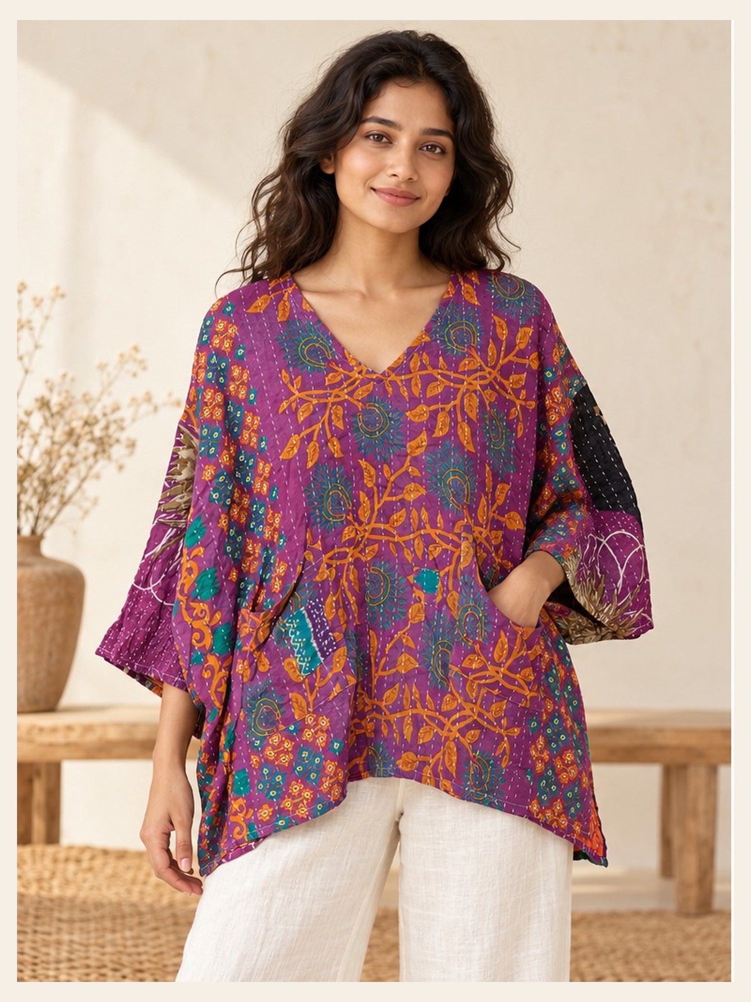 Purple and Orange Floral Reversible Kantha Top – Handmade Vintage Cotton Sari Boho Top, Free Size