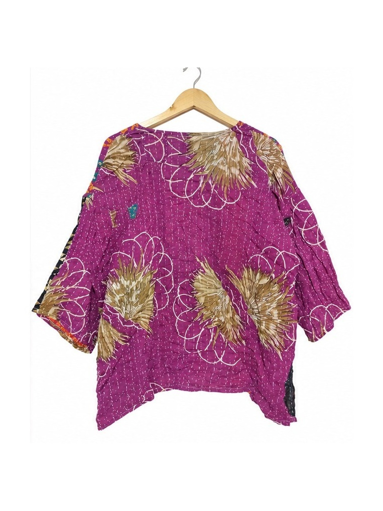 Purple and Orange Floral Reversible Kantha Top – Handmade Vintage Cotton Sari Boho Top, Free Size - Image 4