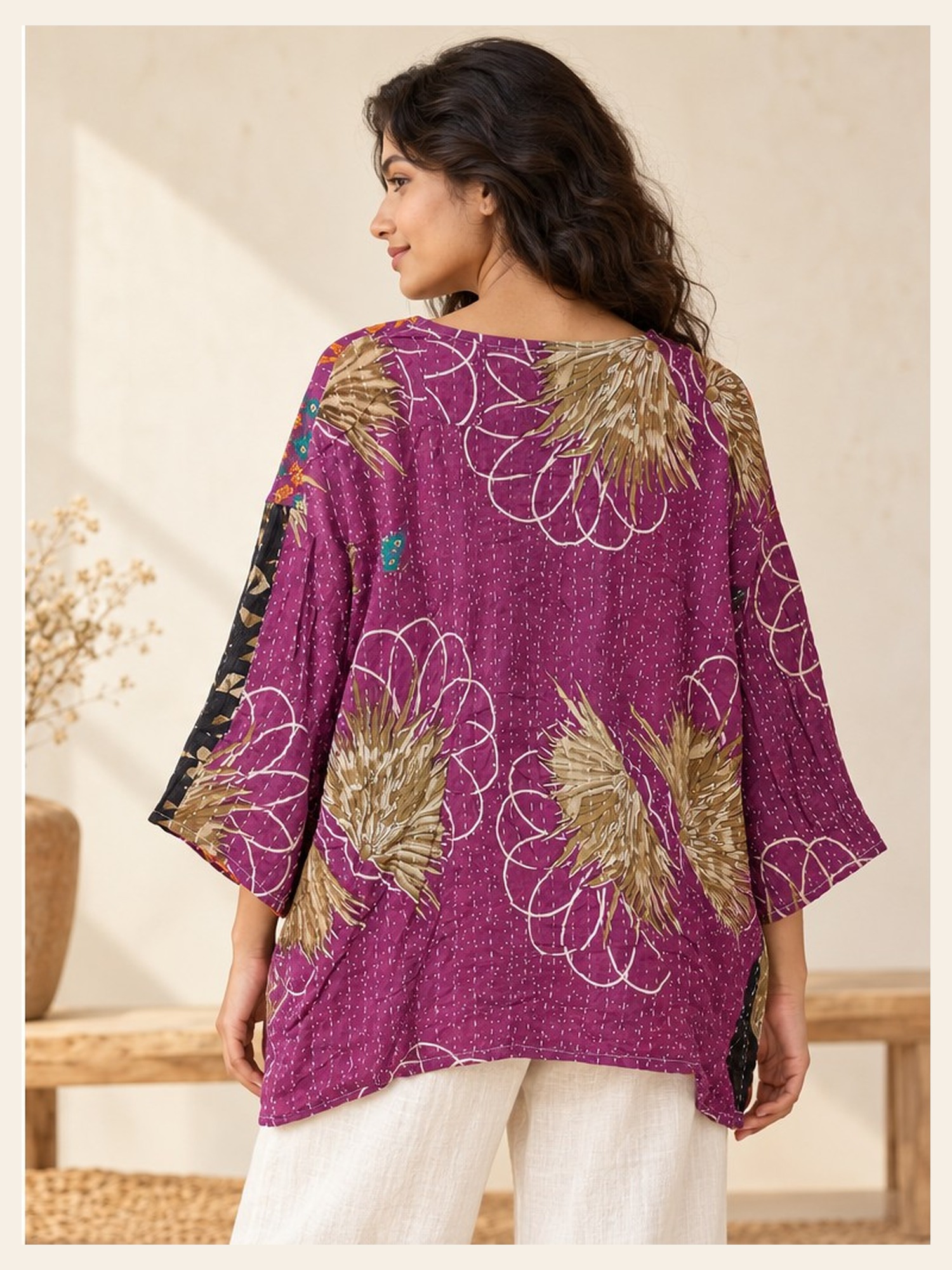 Purple and Orange Floral Reversible Kantha Top – Handmade Vintage Cotton Sari Boho Top, Free Size - Image 5