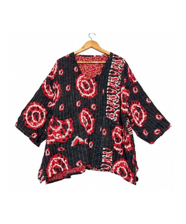 Alternative view of Black and Red Circle Print Reversible Kantha Top – Handmade Vintage Cotton Sari Boho Top, Free Size