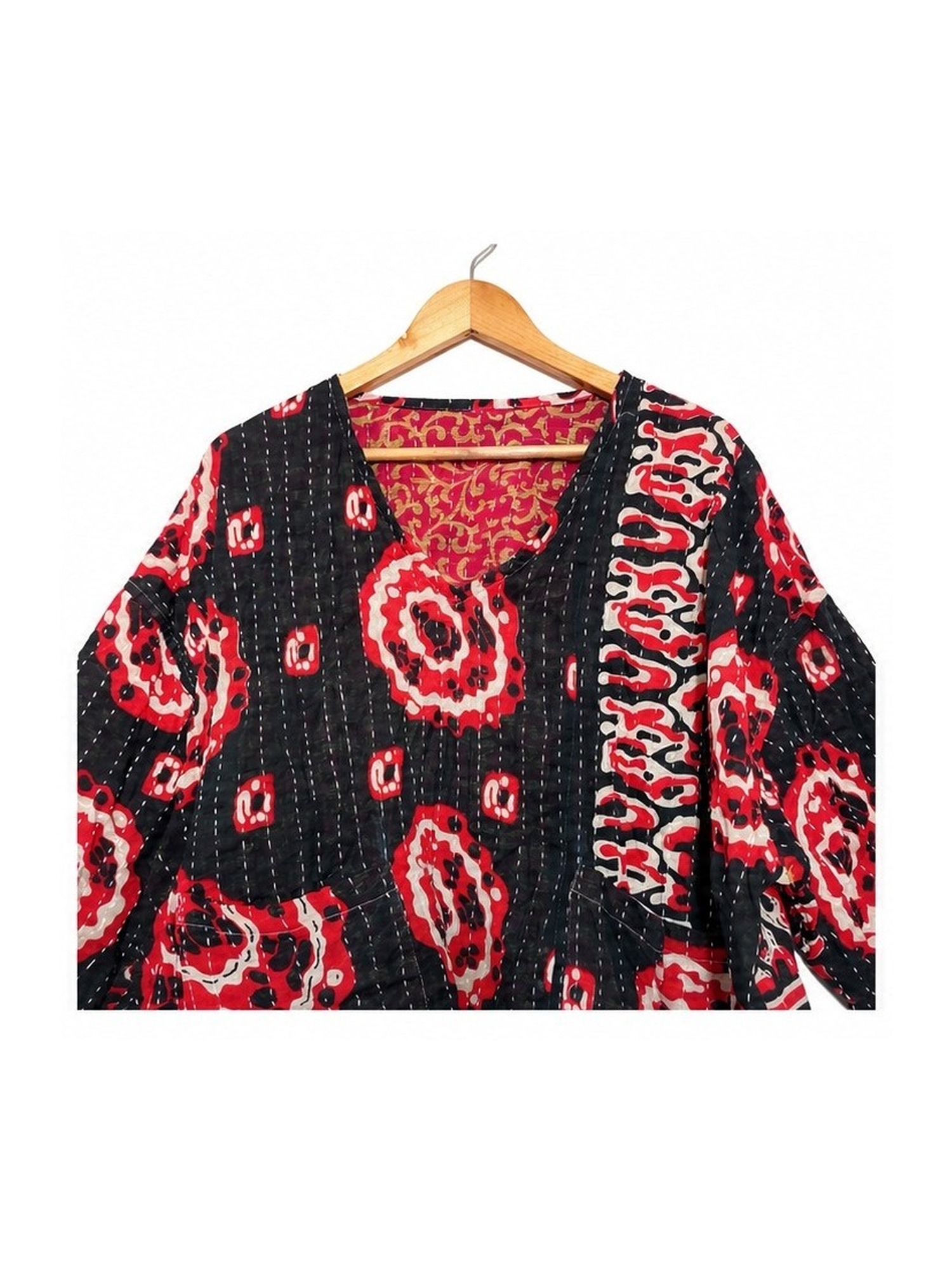 Black and Red Circle Print Reversible Kantha Top – Handmade Vintage Cotton Sari Boho Top, Free Size - Image 3