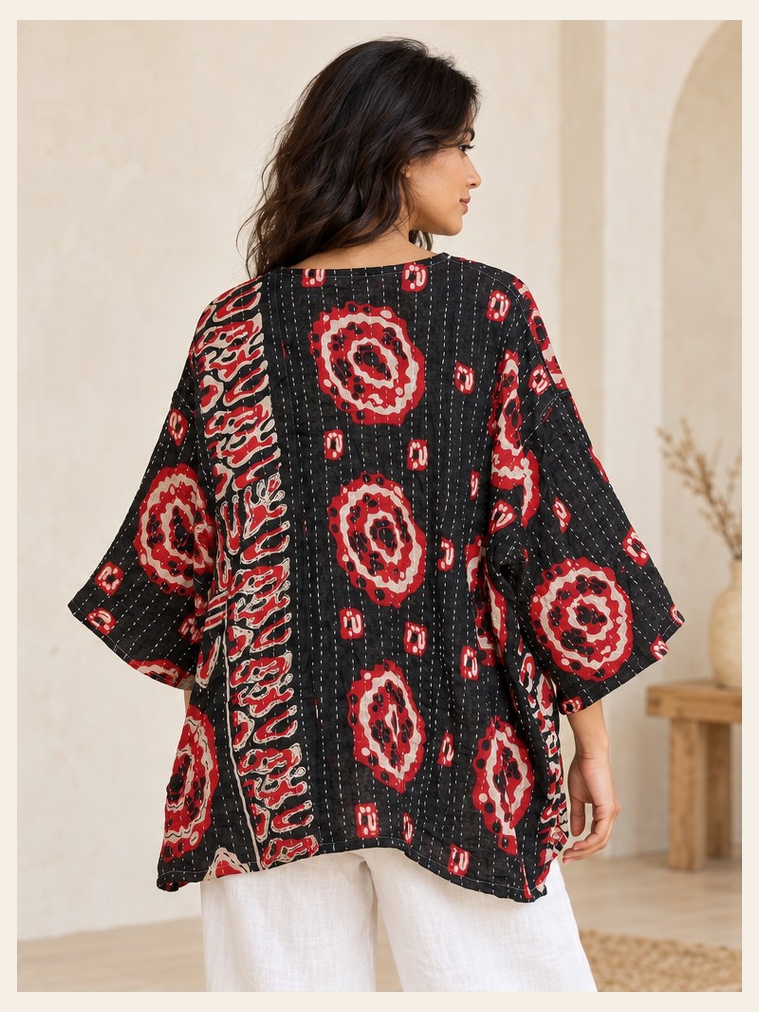 Black and Red Circle Print Reversible Kantha Top – Handmade Vintage Cotton Sari Boho Top, Free Size - Image 5