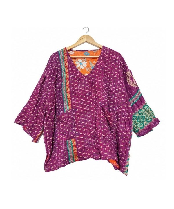 Alternative view of Magenta Purple Ditsy Print Patchwork Reversible Kantha Top – Handmade Vintage Cotton Sari Boho Top, Free Size