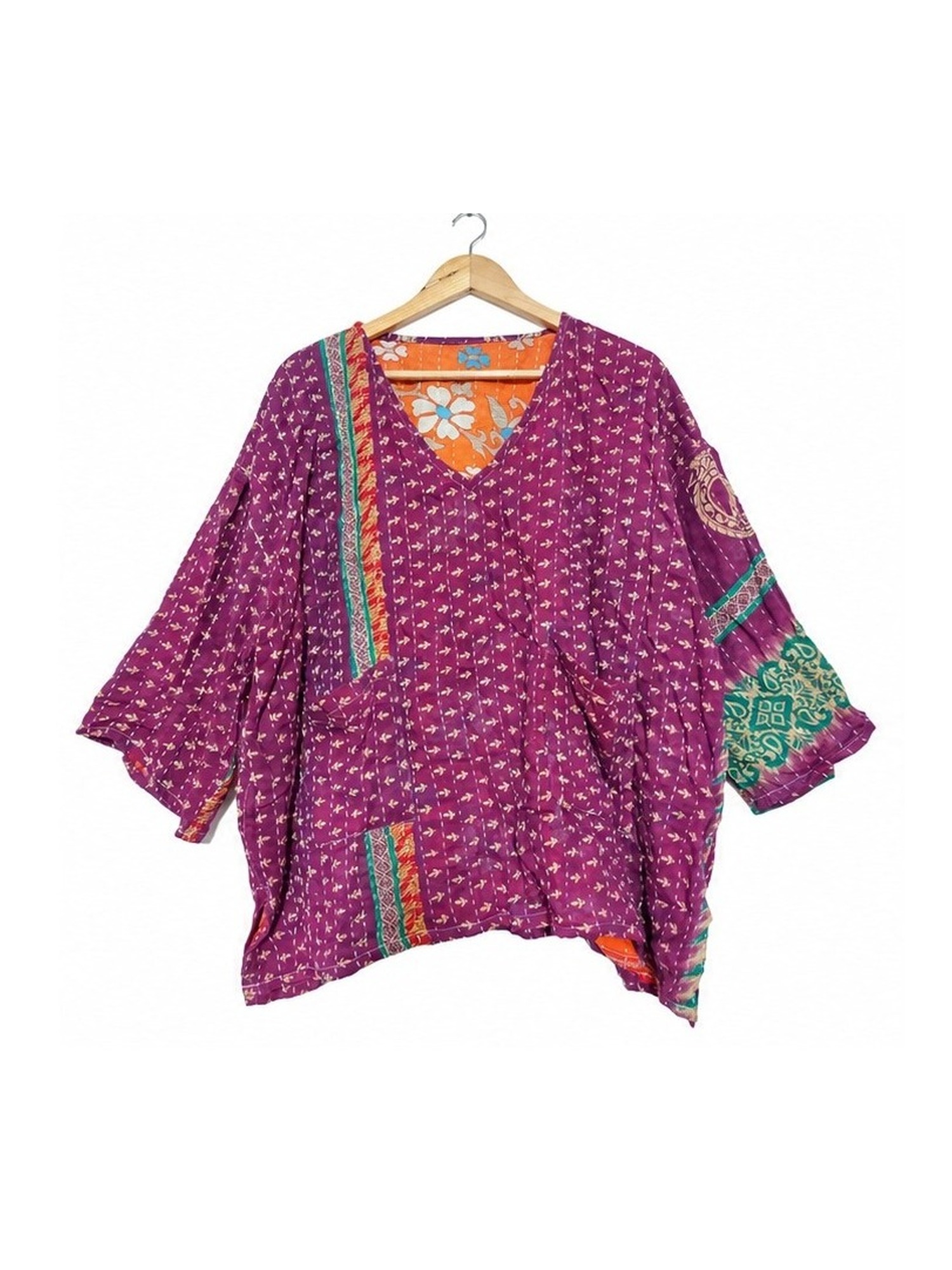 Magenta Purple Ditsy Print Patchwork Reversible Kantha Top – Handmade Vintage Cotton Sari Boho Top, Free Size - Image 2