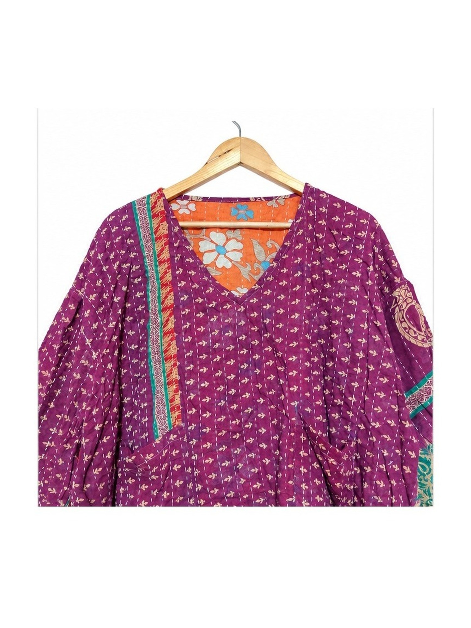 Magenta Purple Ditsy Print Patchwork Reversible Kantha Top – Handmade Vintage Cotton Sari Boho Top, Free Size - Image 3