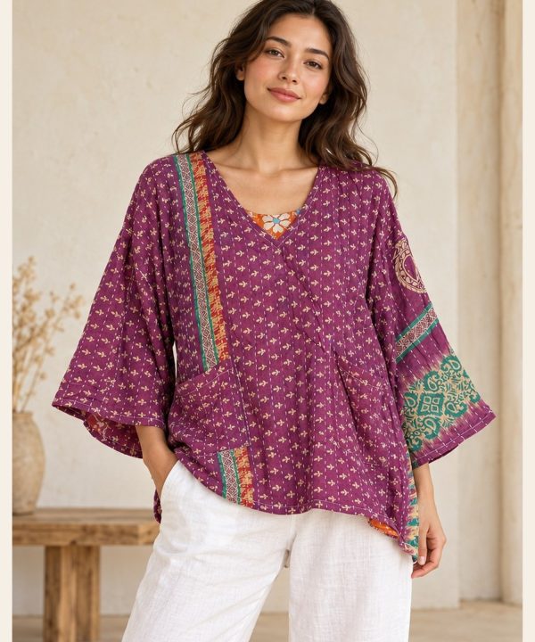 Magenta Purple Ditsy Print Patchwork Reversible Kantha Top – Handmade Vintage Cotton Sari Boho Top, Free Size