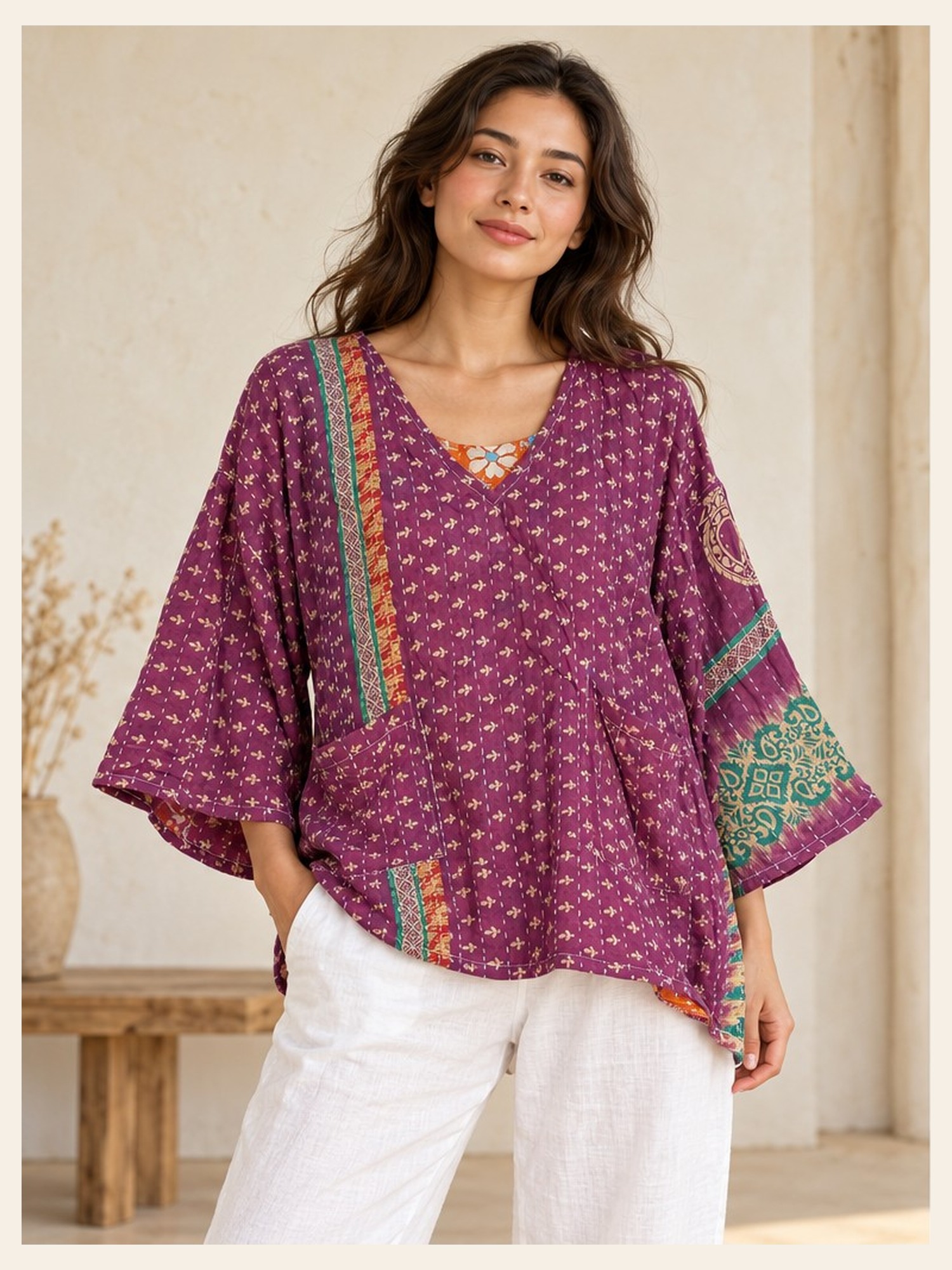 Magenta Purple Ditsy Print Patchwork Reversible Kantha Top – Handmade Vintage Cotton Sari Boho Top, Free Size