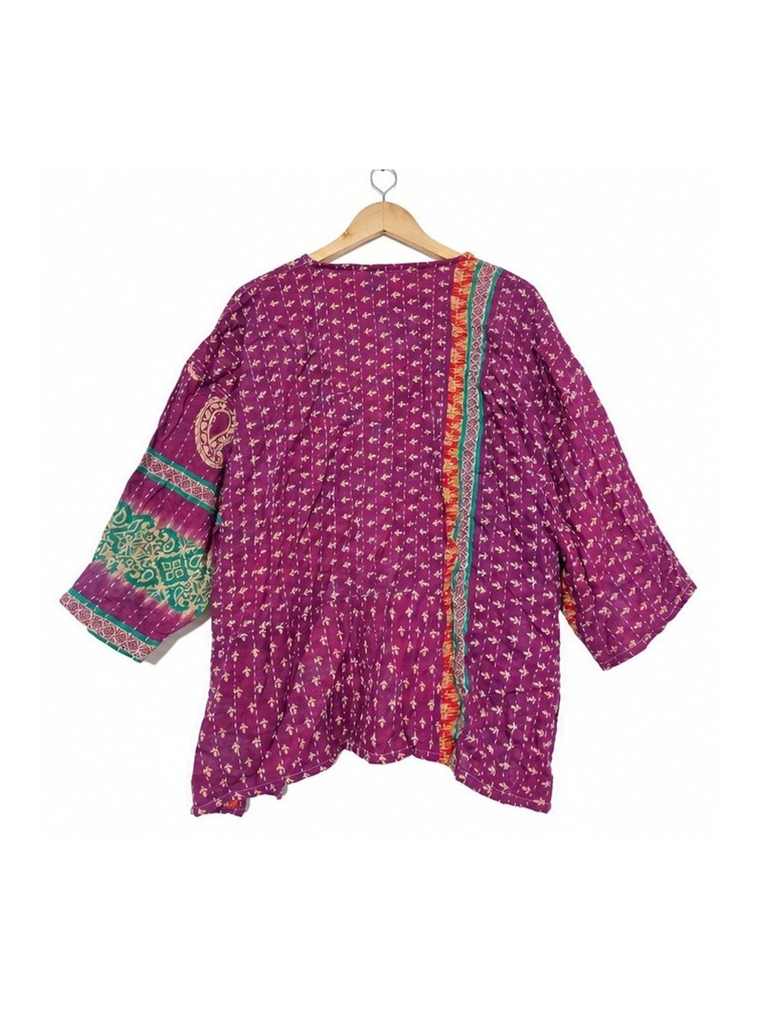 Magenta Purple Ditsy Print Patchwork Reversible Kantha Top – Handmade Vintage Cotton Sari Boho Top, Free Size - Image 4