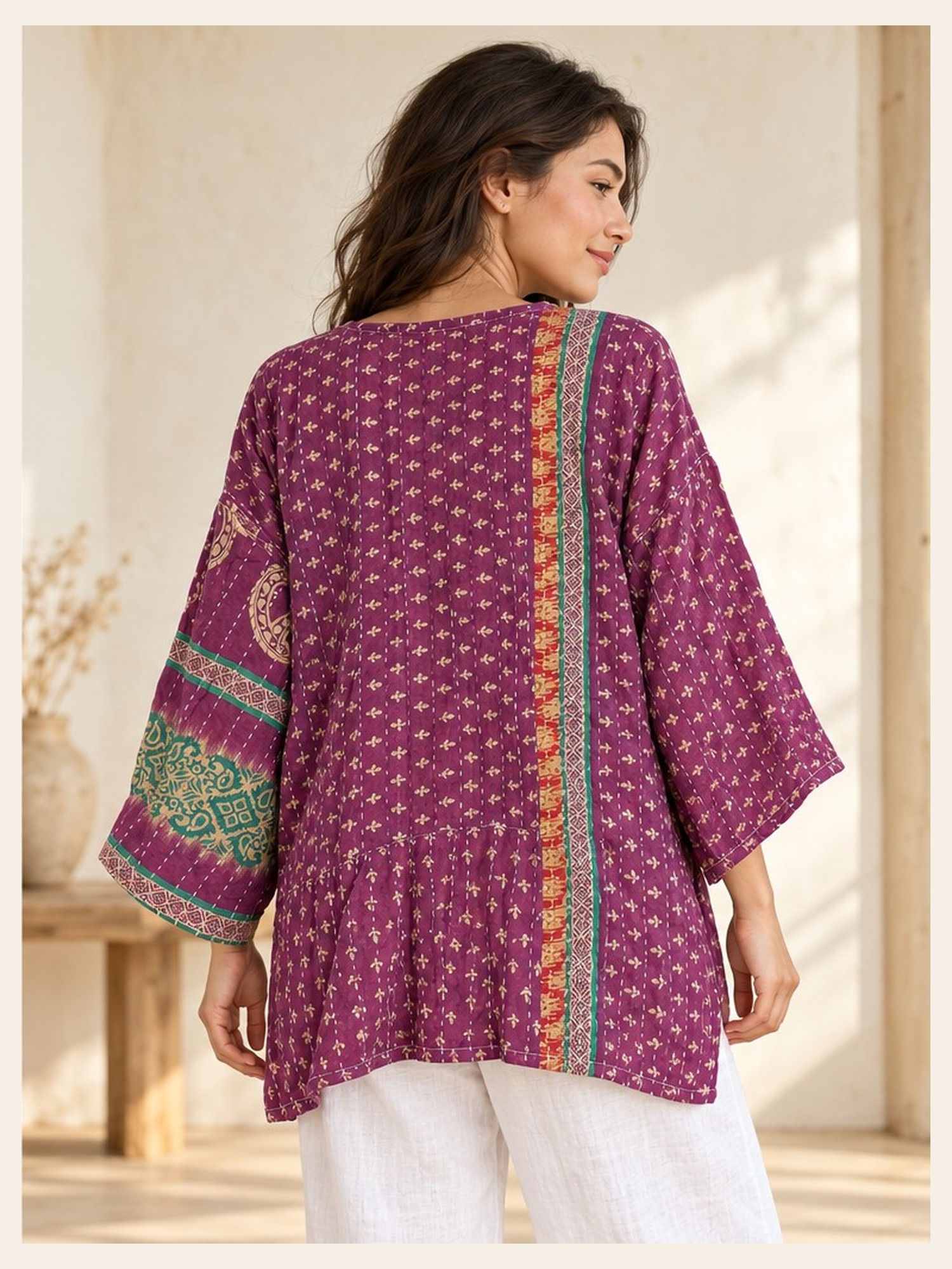 Magenta Purple Ditsy Print Patchwork Reversible Kantha Top – Handmade Vintage Cotton Sari Boho Top, Free Size - Image 5