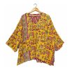 Yellow Folk Motif Patchwork Reversible Kantha Top – Handmade Vintage Cotton Sari Boho Top, Free Size - Image 2