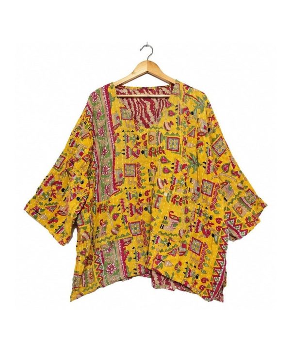 Alternative view of Yellow Folk Motif Patchwork Reversible Kantha Top – Handmade Vintage Cotton Sari Boho Top, Free Size