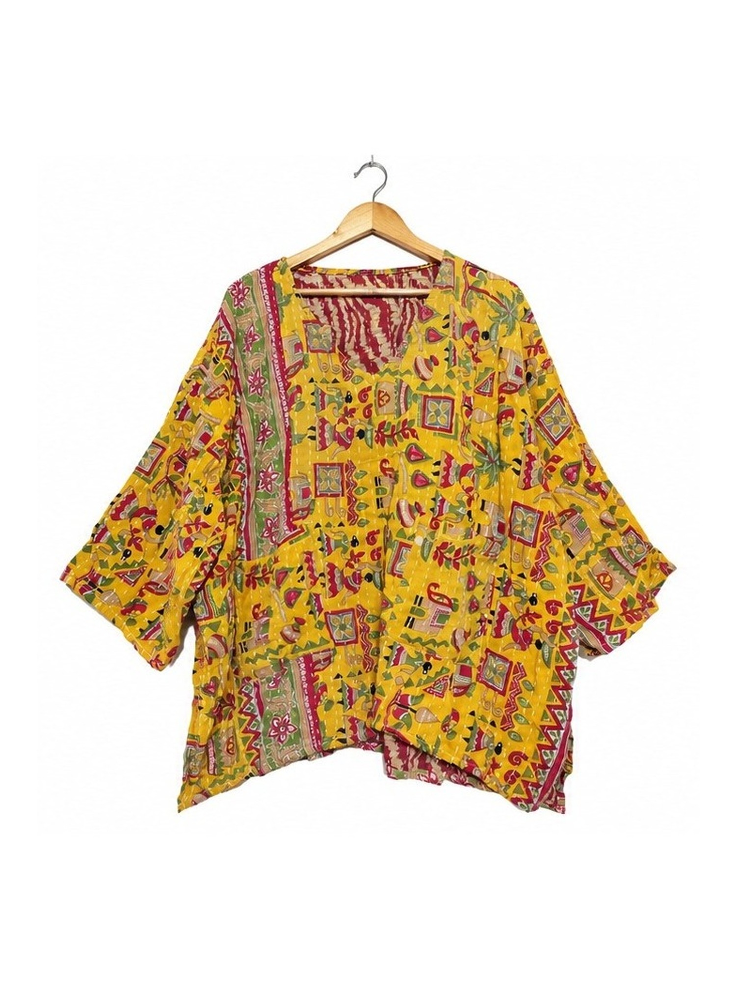 Yellow Folk Motif Patchwork Reversible Kantha Top – Handmade Vintage Cotton Sari Boho Top, Free Size - Image 2