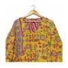 Yellow Folk Motif Patchwork Reversible Kantha Top – Handmade Vintage Cotton Sari Boho Top, Free Size - Image 3
