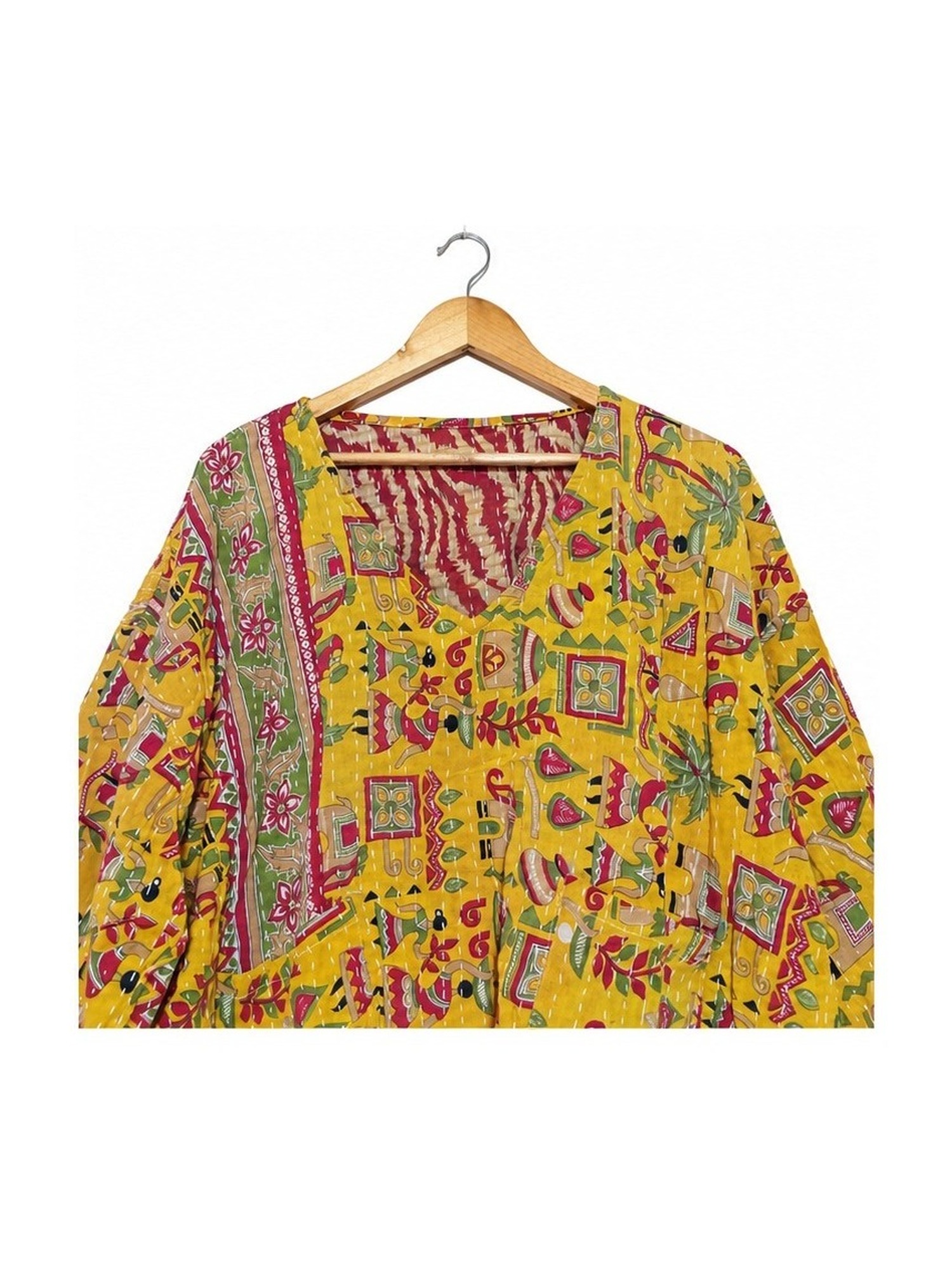Yellow Folk Motif Patchwork Reversible Kantha Top – Handmade Vintage Cotton Sari Boho Top, Free Size - Image 3